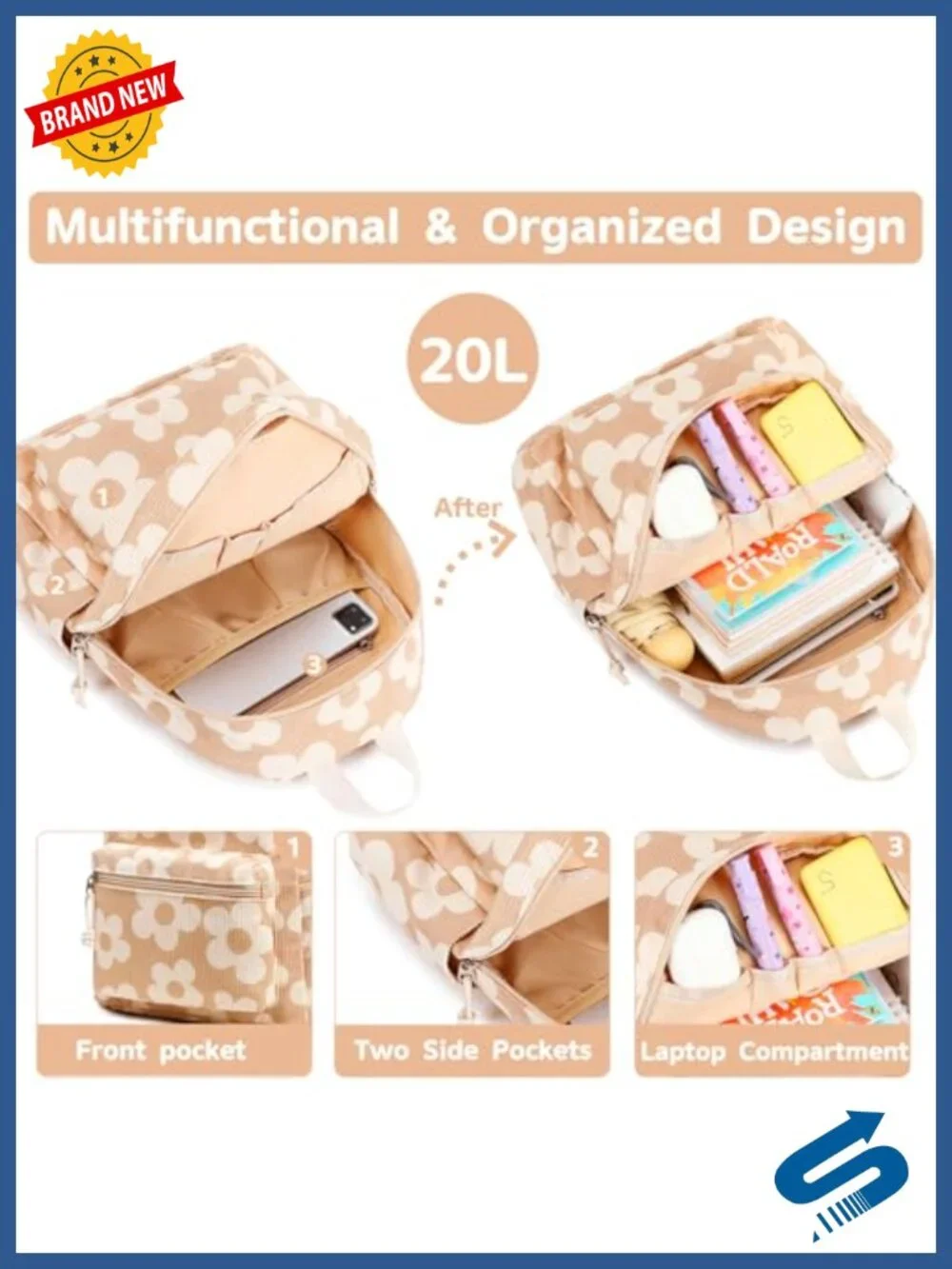 Mini Corduroy Floral Backpack Purse for Girls Women School Bookbag